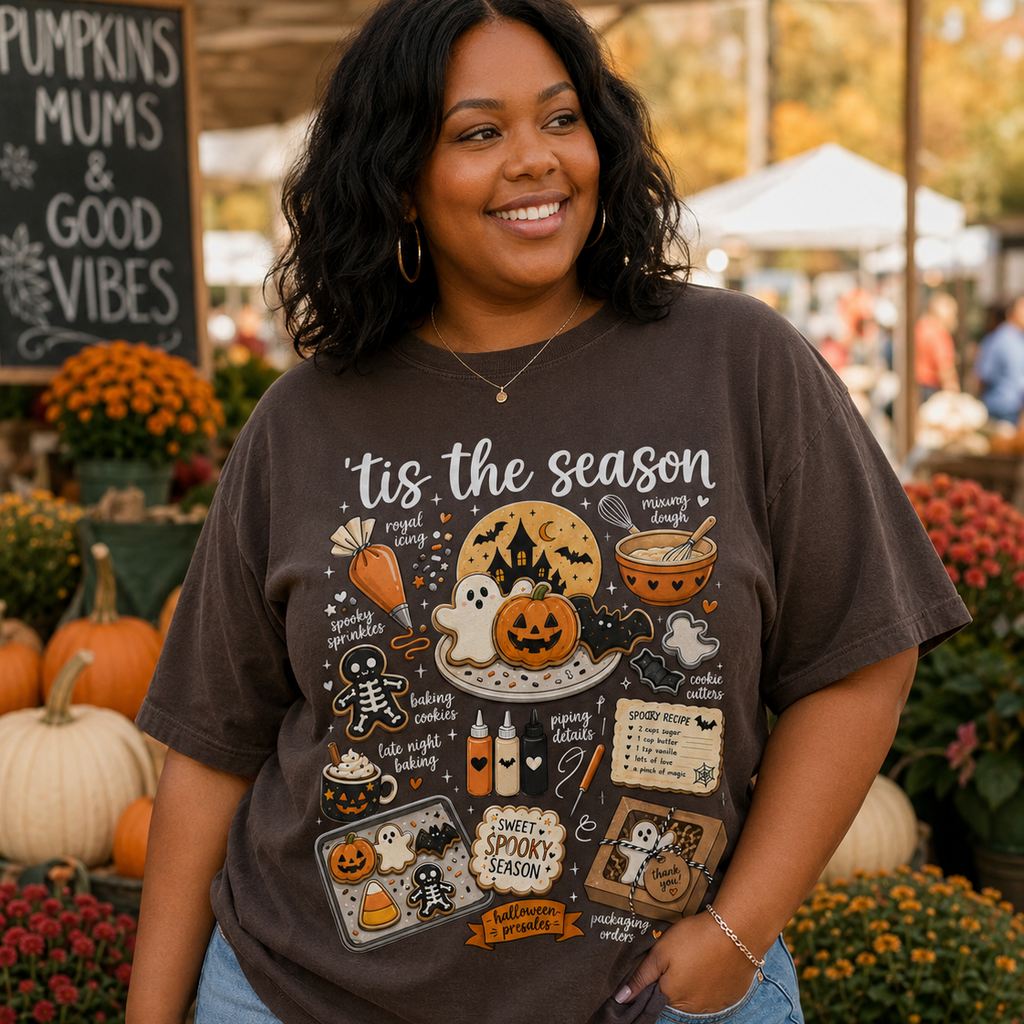 A woman wearing a dark brown graphic t-shirt with a Halloween-themed print that reads 'tis the season' and 'Spooky Spooktacular', paired with light blue jeans, standing in front of an autumn outdoor market background with pumpkins and flowers.