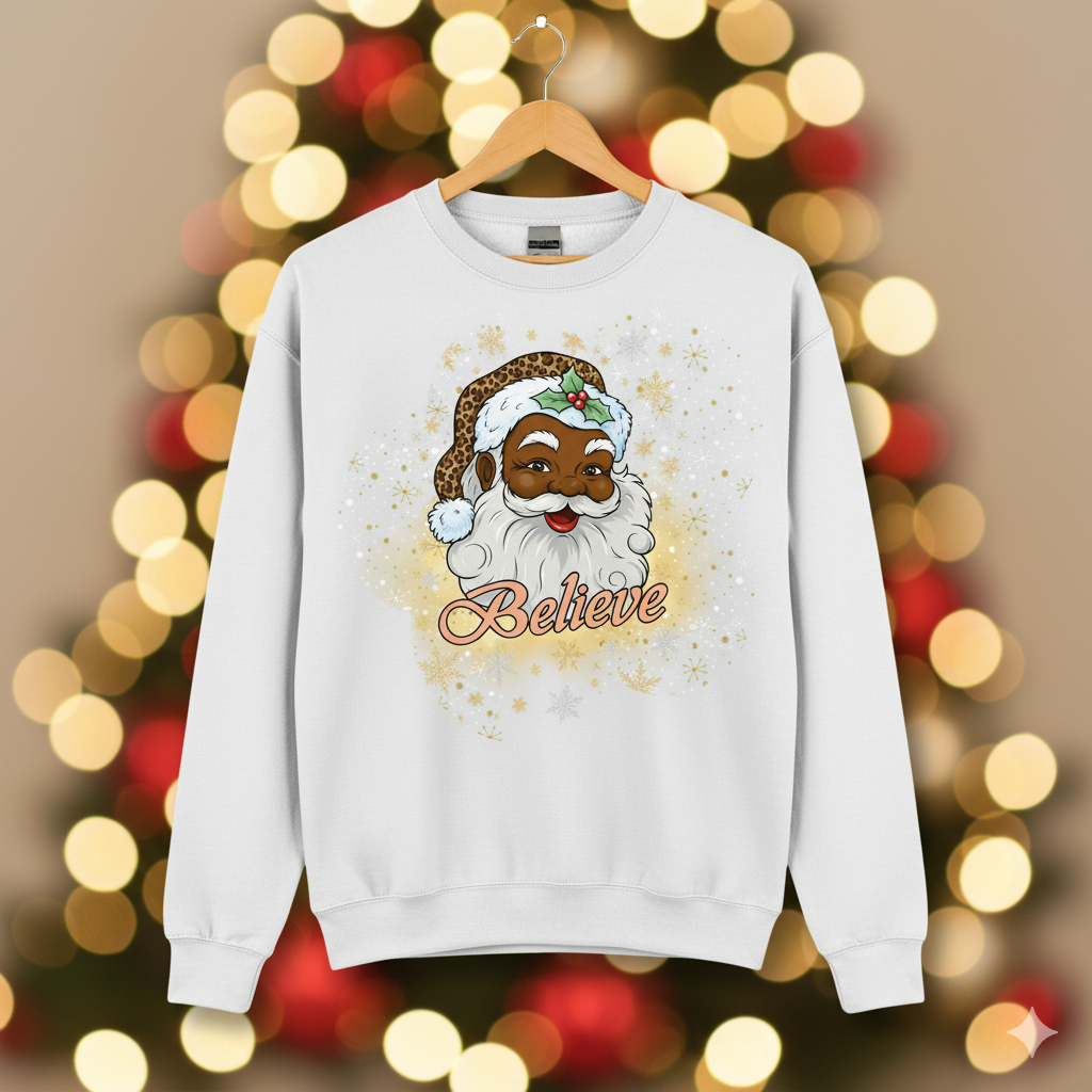 A white crewneck sweatshirt hanging on a wooden hanger against a blurred Christmas tree with warm bokeh lights. The sweatshirt features a graphic of a smiling Black Santa Claus wearing a leopard-print hat and a green wreath, with the word 'Believe' written below in a cursive gold font.