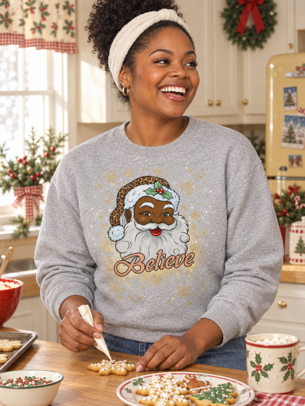 A woman smiling in a cozy kitchen while wearing a light gray crewneck sweatshirt with a festive graphic of Santa Claus and the word 'Believe' in gold glitter-style lettering. She is decorated with a white headband and appears to be icing cookies on a wooden table.