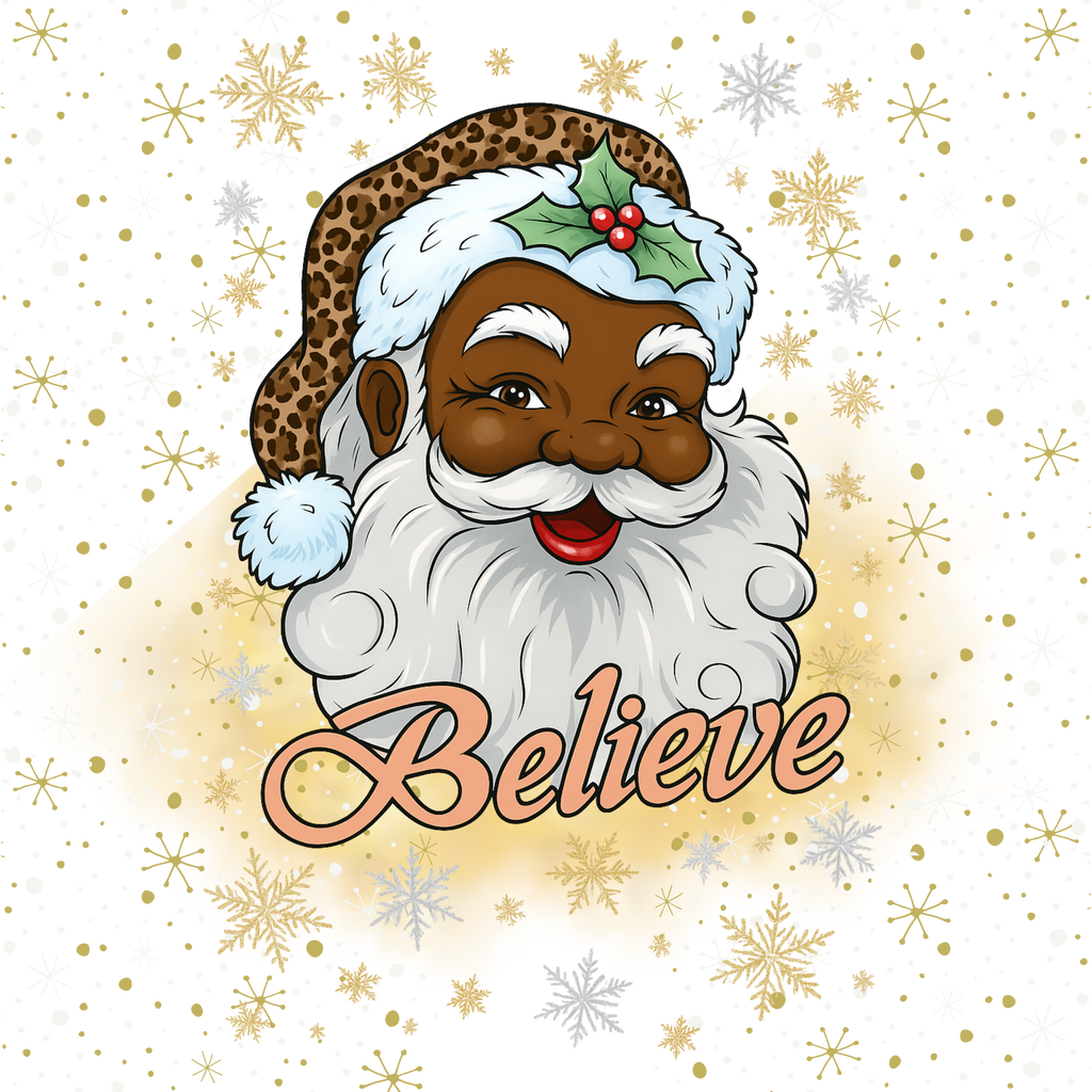 A festive graphic of a smiling Santa Claus face with a leopard-print hat, white beard, and holly, above the word 'Believe' in peach script. The design is set on a white background with scattered gold and silver snowflakes and gold dots.