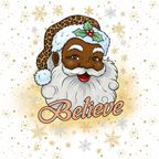 A festive graphic of a smiling Santa Claus face with a leopard-print hat, white beard, and holly, above the word 'Believe' in peach script. The design is set on a white background with scattered gold and silver snowflakes and gold dots.