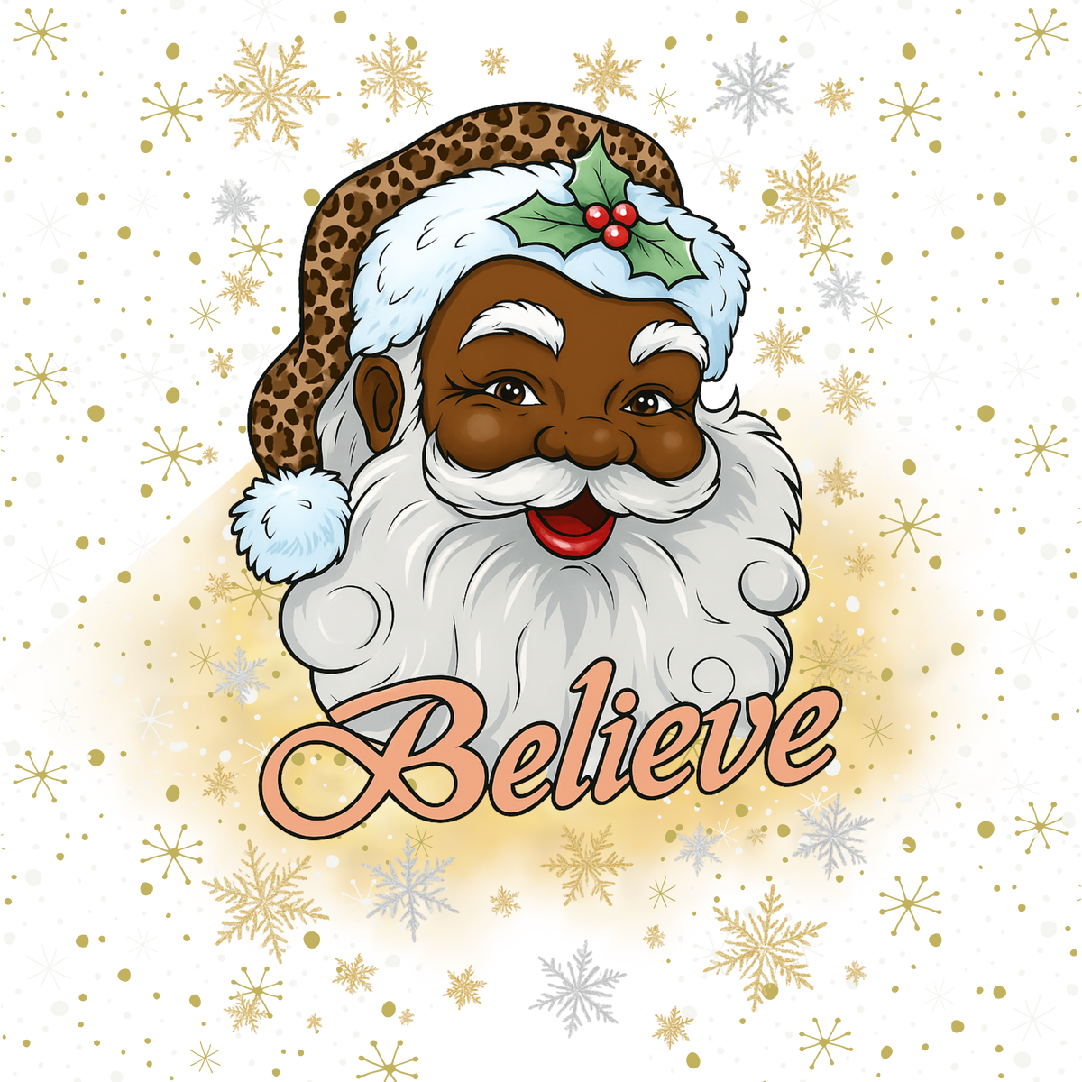 A festive graphic of a smiling Santa Claus face with a leopard-print hat, white beard, and holly, above the word 'Believe' in peach script. The design is set on a white background with scattered gold and silver snowflakes and gold dots.