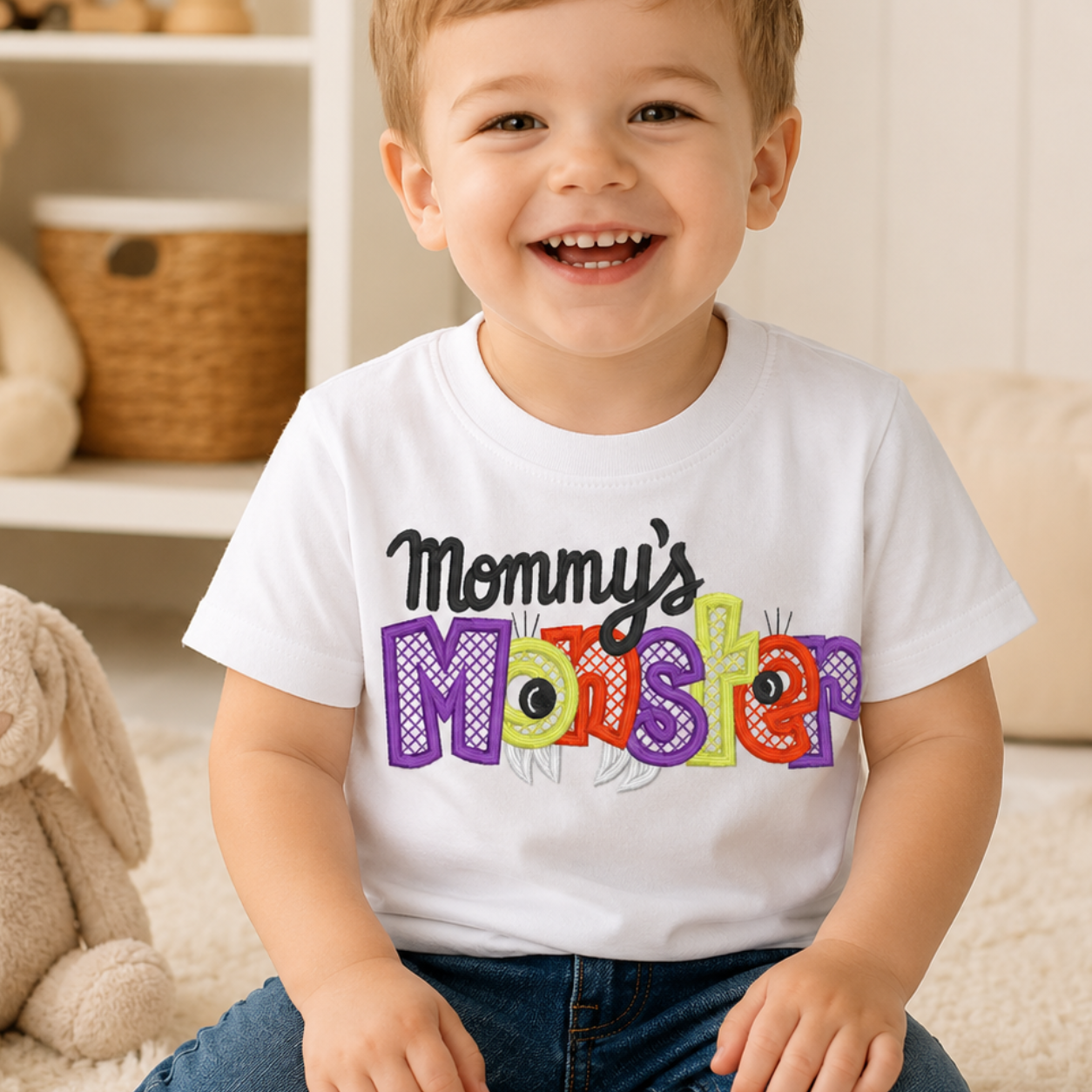 A smiling young boy sits on a cream rug in a playroom, wearing a white graphic t-shirt that reads 'Mommy's Monster' in colorful letters. The background features a white shelving unit with a teddy bear and toys.