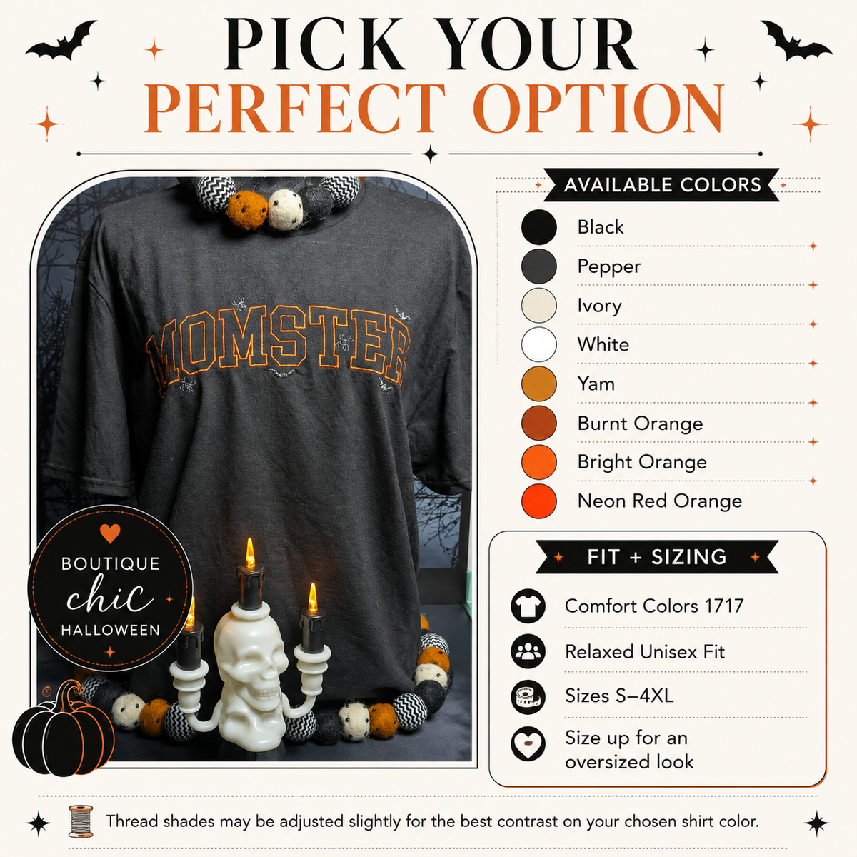 A promotional graphic for a customizable Halloween t-shirt. The main product shown is a dark charcoal gray crewneck t-shirt with 'MOMSTER' printed in distressed orange letters.