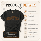A dark charcoal gray t-shirt with 'MOMSTER' embroidered in orange varsity letters on the front, presented on a cream-colored background with 'PRODUCT DETAILS' text and feature callouts.