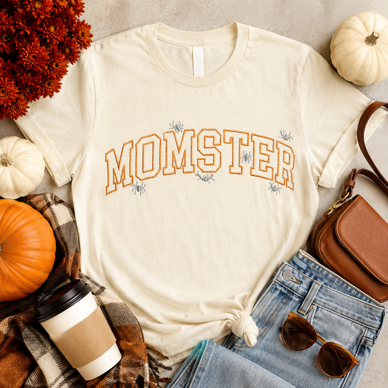 An off-white graphic t-shirt with 'MOMSTER' printed in orange varsity letters and small spider designs, styled in a flat-lay with autumn props including pumpkins, sunglasses, a coffee cup, a scarf, and a brown leather purse.