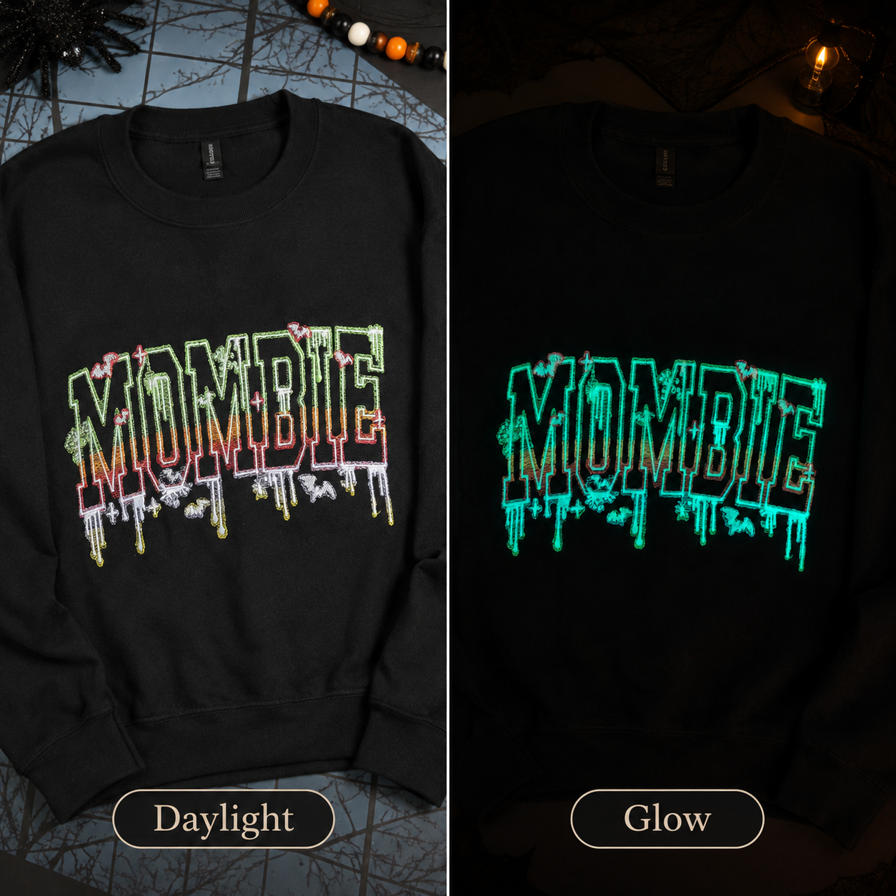 A black crewneck sweatshirt shown in a side-by-side comparison labeled 'Daylight' and 'Glow'. The front has a large dripping 'MOMBIE' graphic in multicolor neon-style lettering.