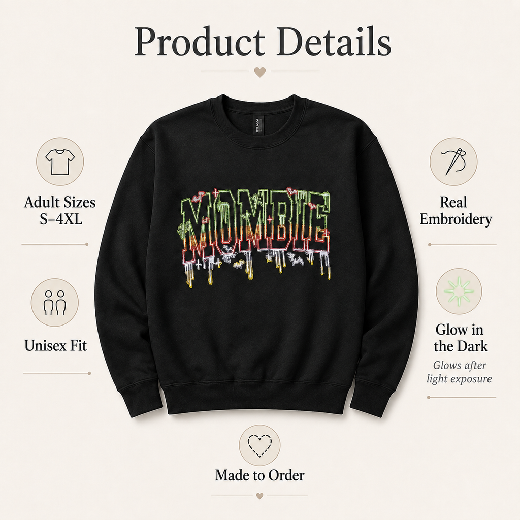 A black crewneck sweatshirt with a colorful 'MORBIT' graffiti-style graphic on the chest, presented on a light beige background with product feature callouts and text.