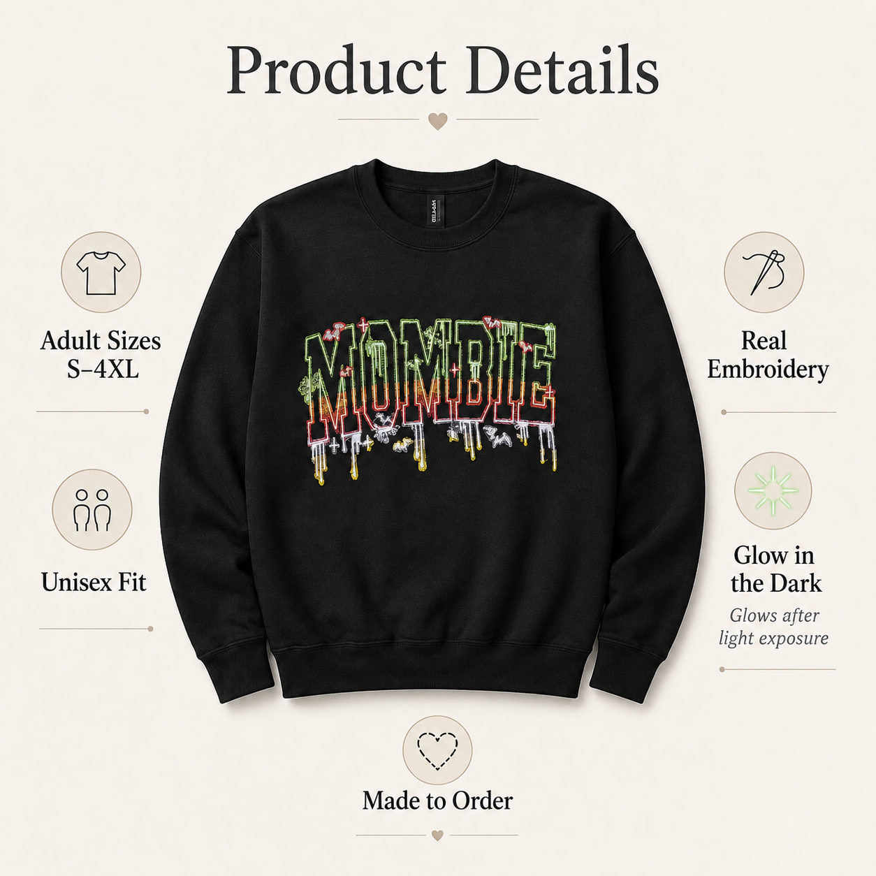 A black crewneck sweatshirt with a colorful 'MORBIT' graffiti-style graphic on the chest, presented on a light beige background with product feature callouts and text.