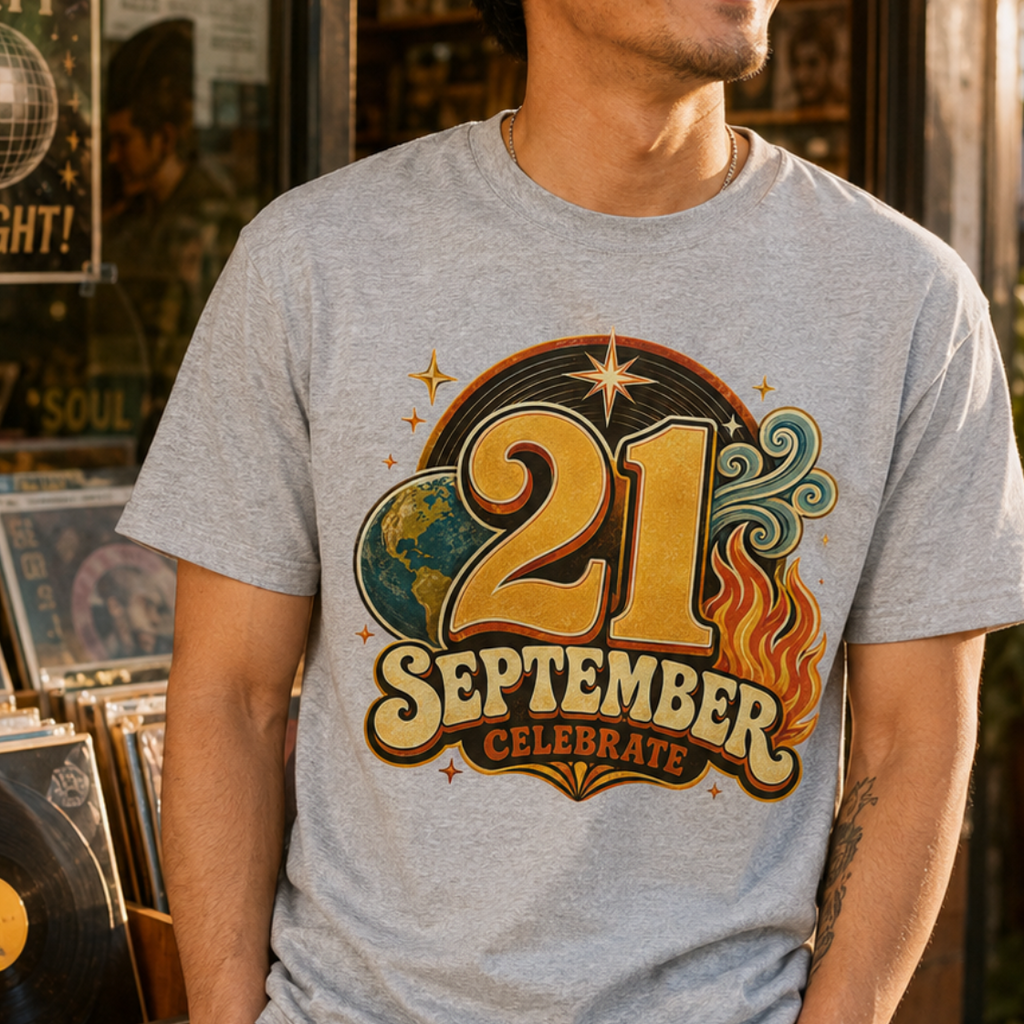 A man wearing a heather gray graphic t-shirt with a retro 21st birthday design, standing in front of a record store window.