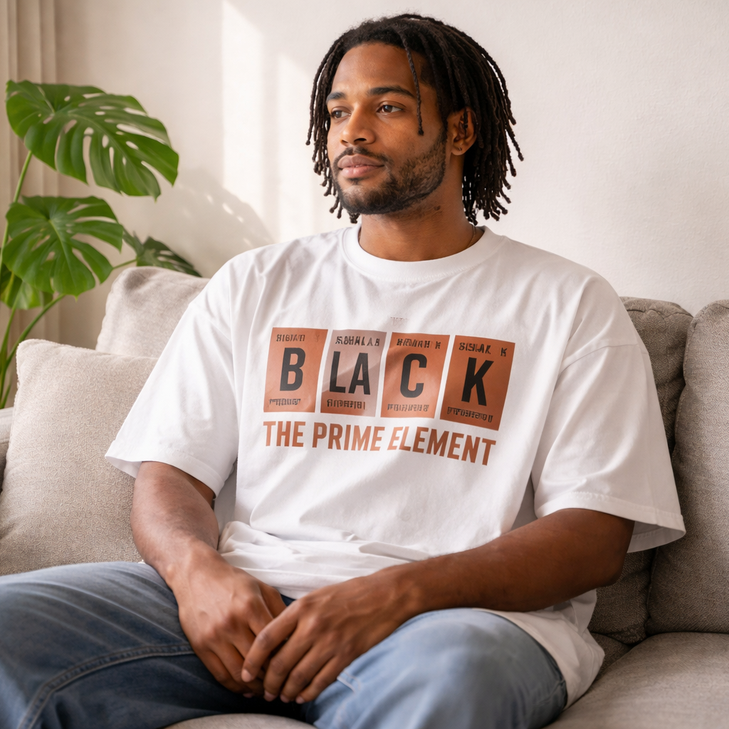 Man sitting on a couch wearing a white t-shirt with text, with a plant and window in the background.