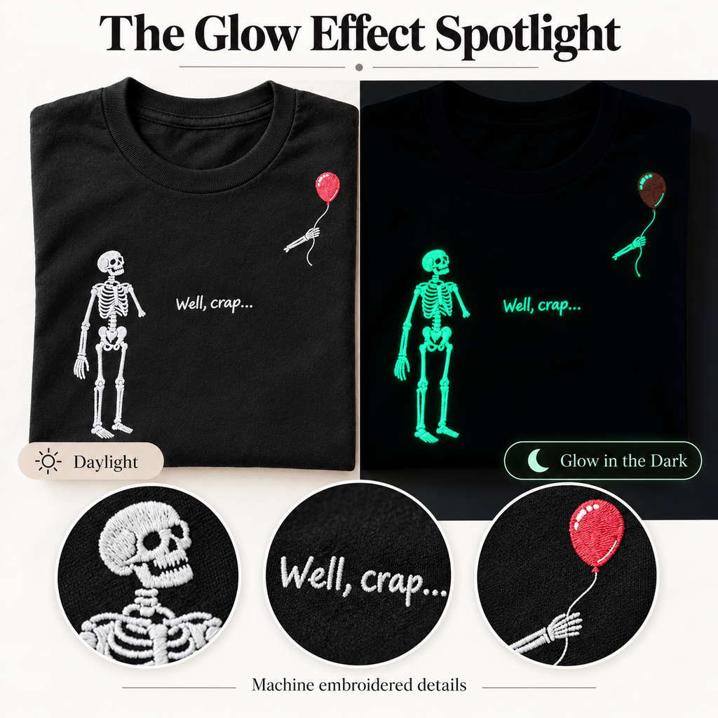 Well, Crap Glow-in-the-Dark Embroidered Skeleton T-Shirt — Heavyweight Unisex Tee