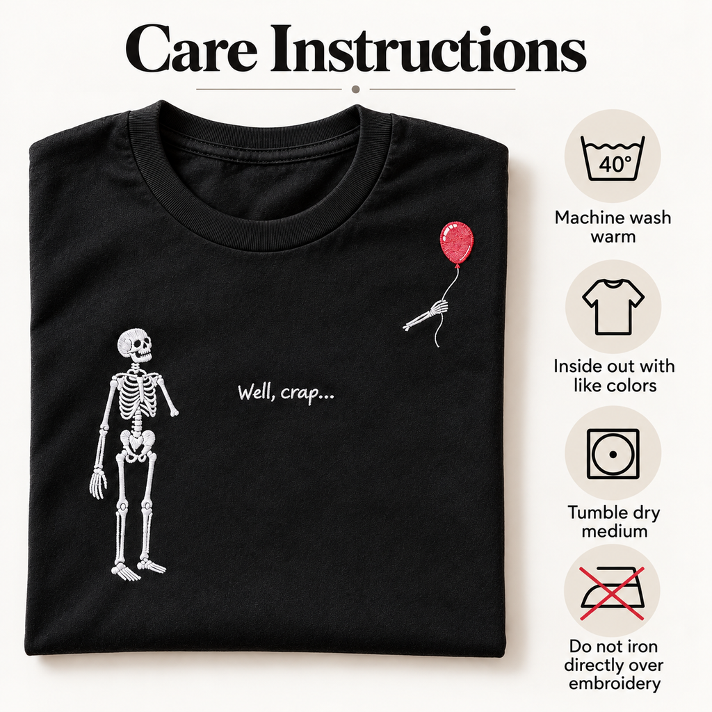 Well, Crap Glow-in-the-Dark Embroidered Skeleton T-Shirt — Heavyweight Unisex Tee