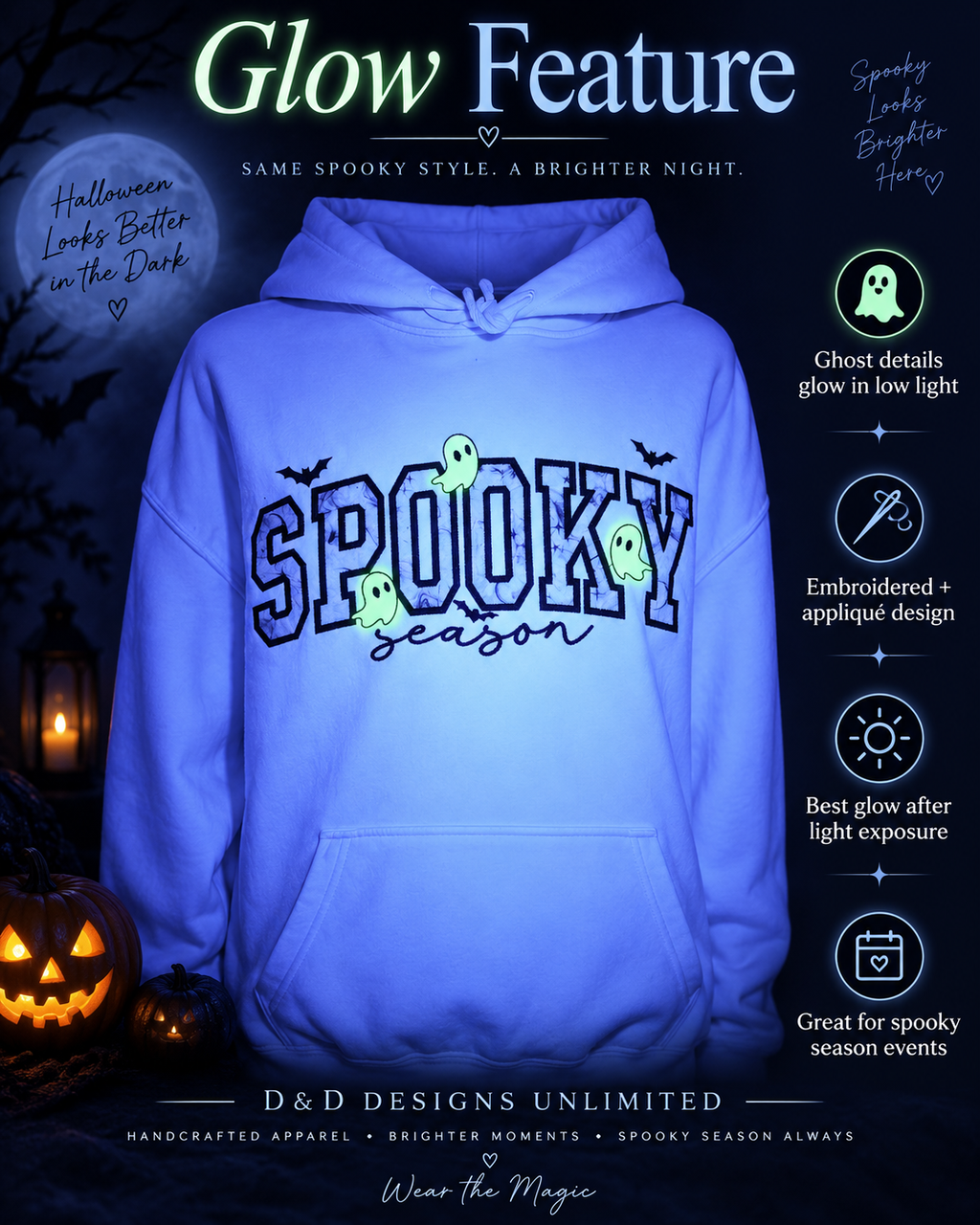 Spooky Season Glow-in-the-Dark Embroidered Appliqué Hoodie