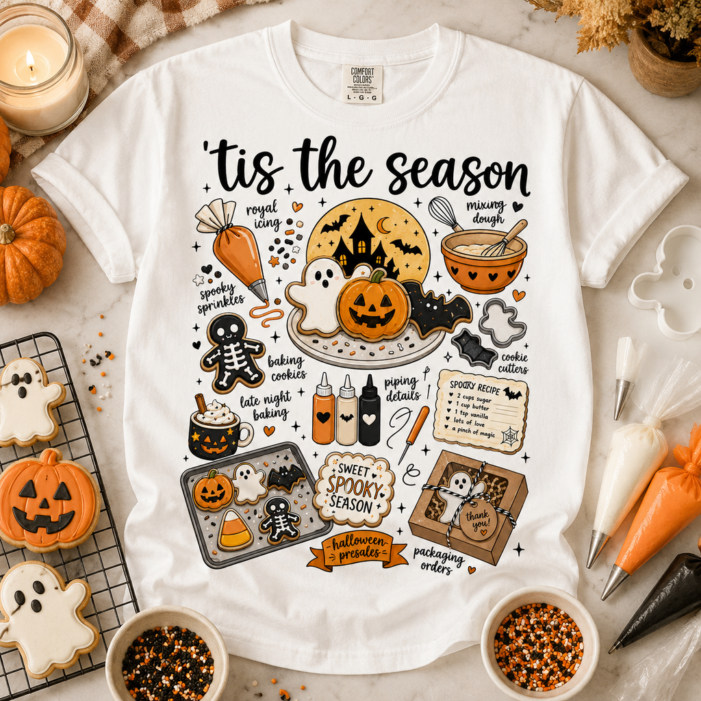 A white short-sleeve graphic T-shirt laid flat on a light surface, surrounded by Halloween-themed props including cookies, small pumpkins, bowls, and piping bags. The shirt features a large seasonal print with ghosts, pumpkins, bats, cauldron, potion bottles, and text including “This is the season” and “halloween spooky orders.