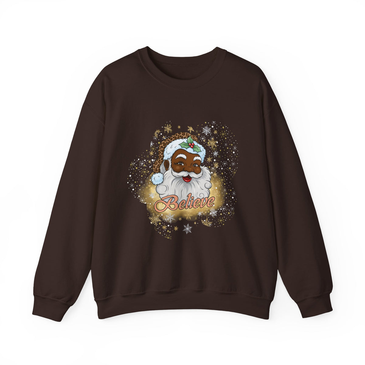 A dark brown crewneck sweatshirt featuring a festive graphic of a Black Christmas Santa Claus giving a thumbs-up, surrounded by gold glitter, white snowflakes, and the word 'Believe' in red script.