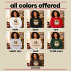 A promotional graphic showing seven color options for a crewneck sweatshirt, labeled white, black, red, sports grey, sand, forest green, and chocolate. Each option features a woman modeling the sweatshirt, which has a festive Santa graphic on the front.