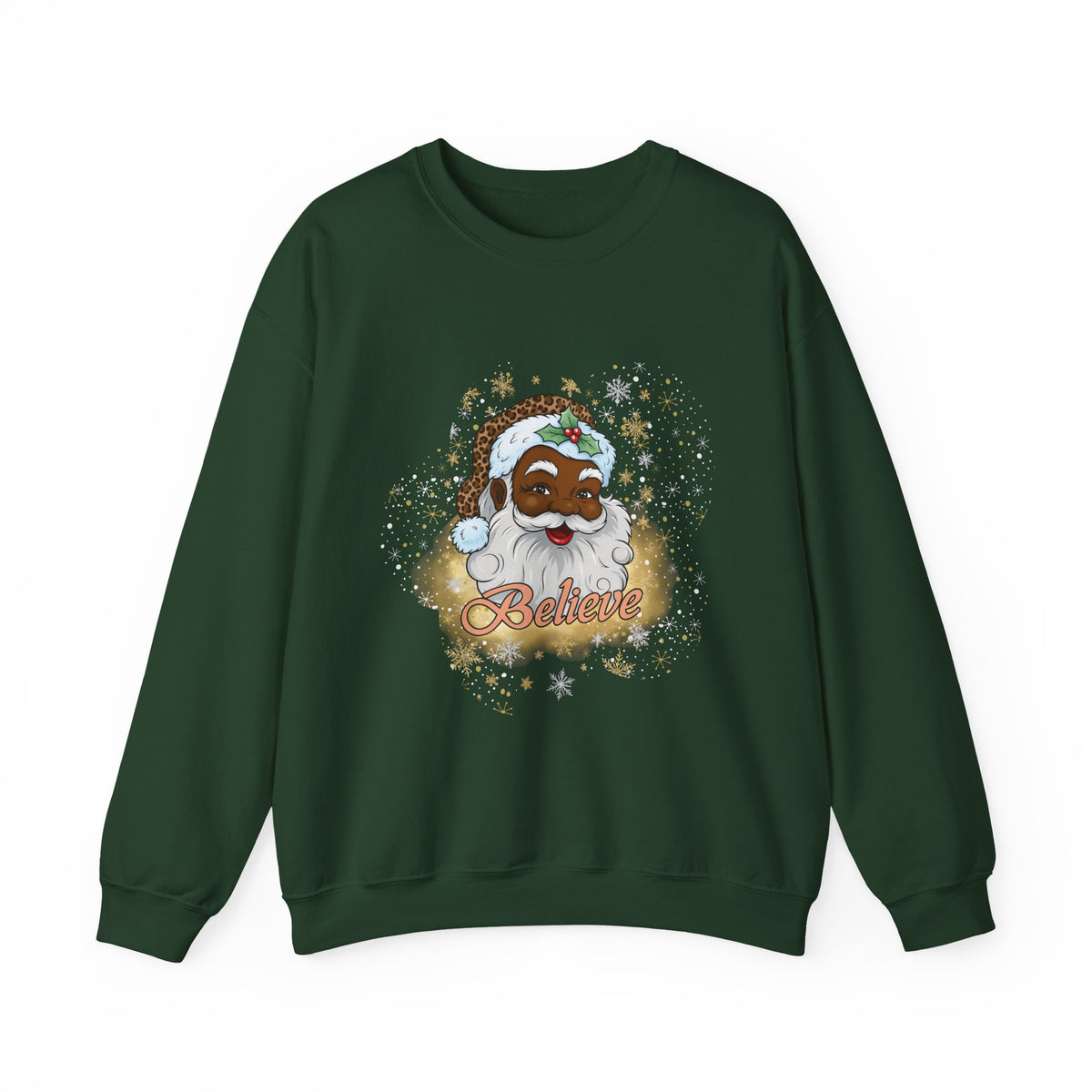 A dark green crewneck sweatshirt featuring a festive graphic of a Black Christmas Santa Claus with a white beard, surrounded by gold glitter and the word 'Believe' in red script.