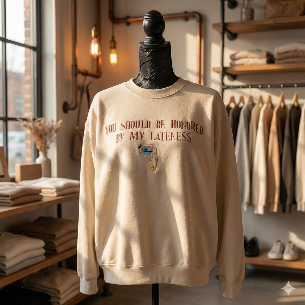 Beige sweatshirt with text on a mannequin in a clothing store setting