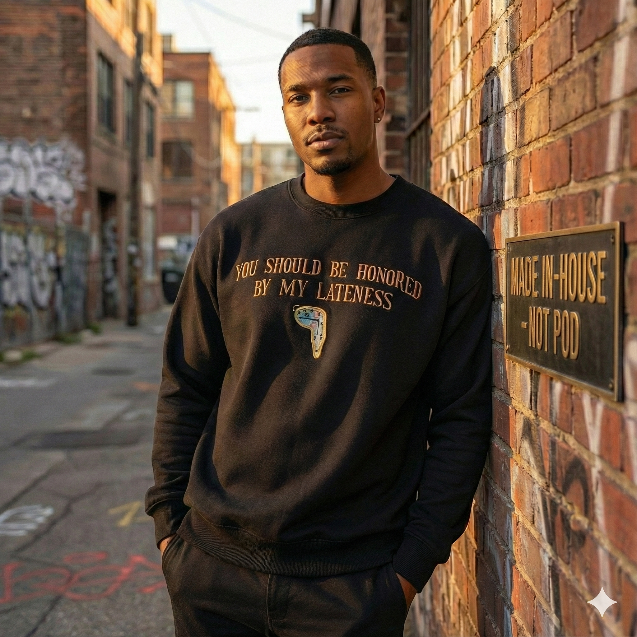 Man wearing a black sweatshirt with text and logo, standing against a brick wall.