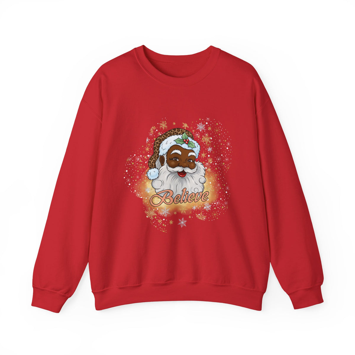 A red crewneck sweatshirt featuring a festive graphic of a smiling Black Santa Claus with a white beard, surrounded by gold glitter and the word 'Believe' in cursive, set against a plain white background.