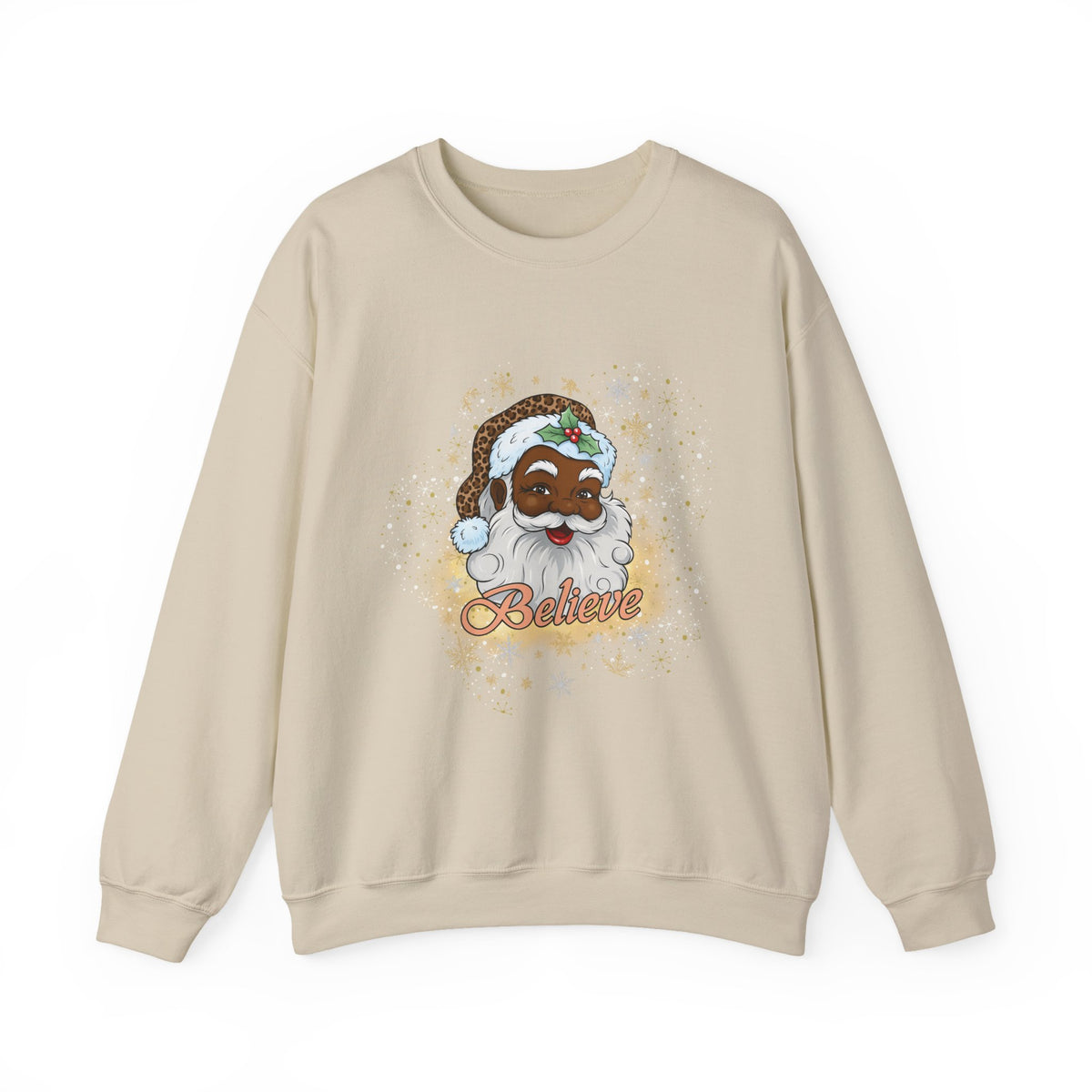 A beige crewneck sweatshirt featuring a cartoon graphic of a smiling Santa Claus with the word 'Believe' written below in a cursive font, displayed on a clean white background.