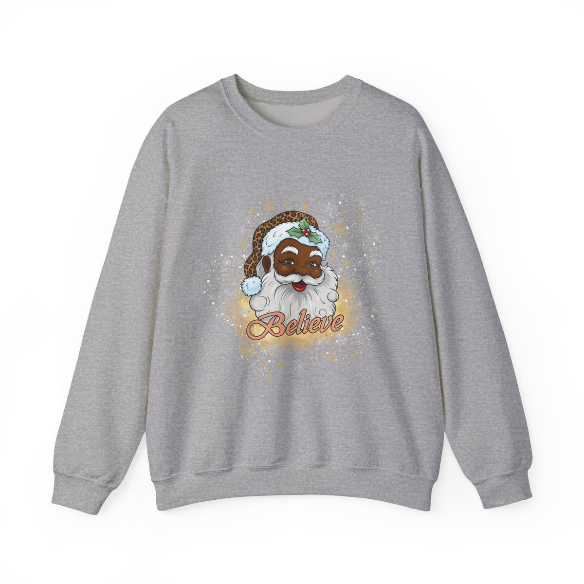 A heather gray crewneck sweatshirt featuring a graphic of a smiling, dark-skinned Santa Claus with a white beard and the word 'Believe' written below in orange script, set against a plain white background.