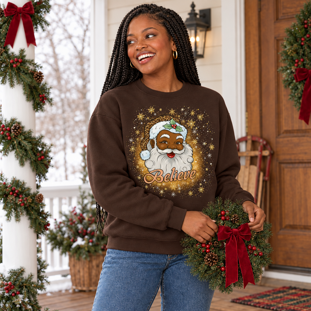 A woman stands on a decorated holiday porch wearing a brown crewneck sweatshirt with a festive Santa graphic and the word 'Believe' in gold script. She is holding a green wreath with red berries and a red bow.
