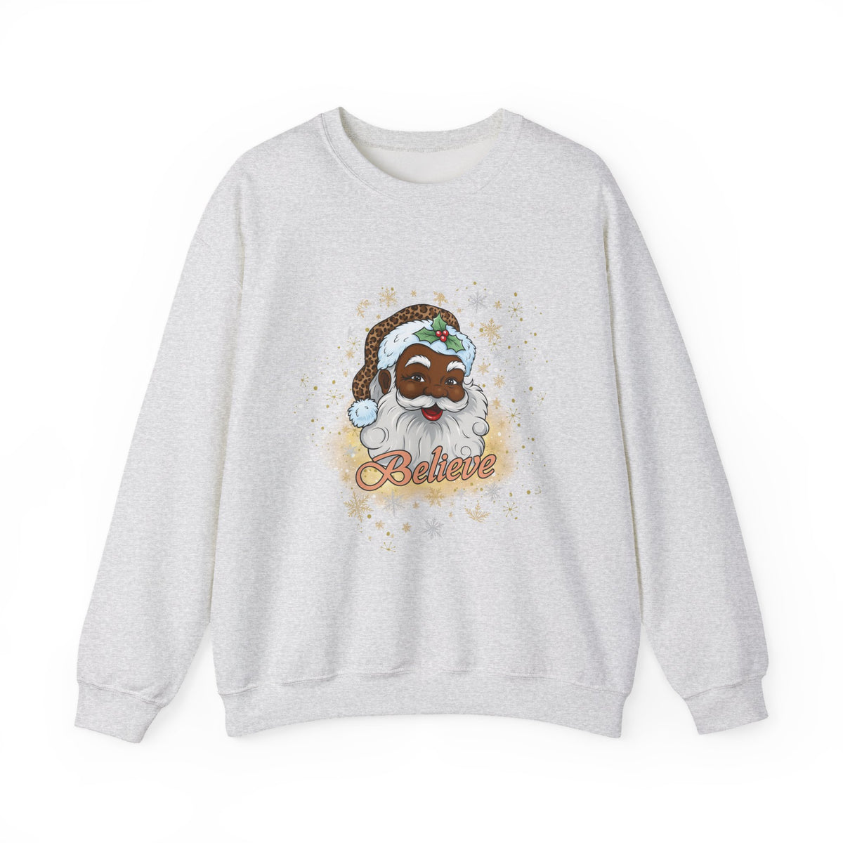 A light heather gray crewneck sweatshirt featuring a cartoon illustration of a Black man dressed as Santa Claus with a white beard, green hat, and the word 'Believe' written below in orange script.