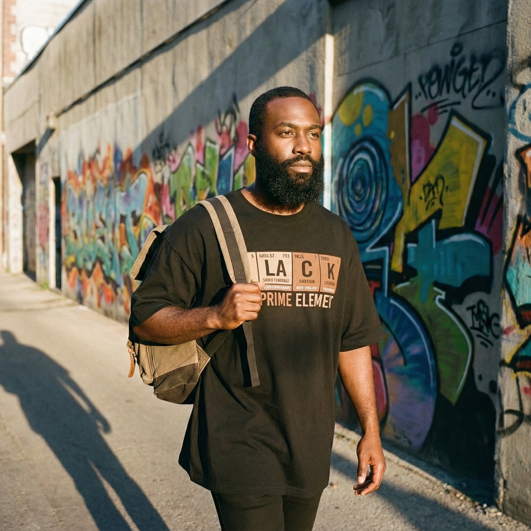 Man walking on a street with colorful graffiti in the background