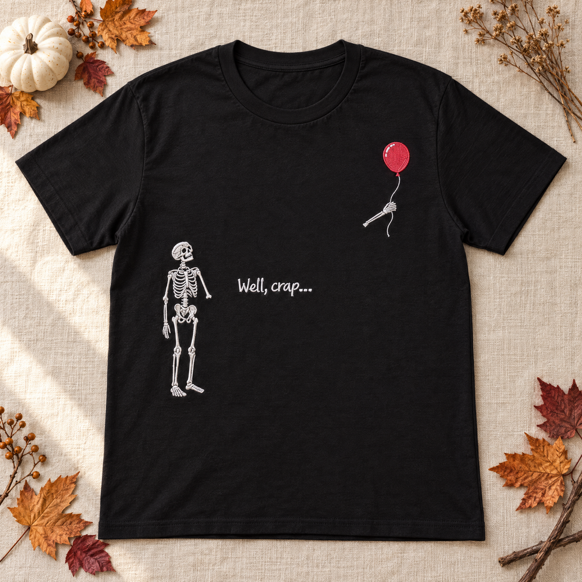 Well, Crap Glow-in-the-Dark Embroidered Skeleton T-Shirt — Heavyweight Unisex Tee