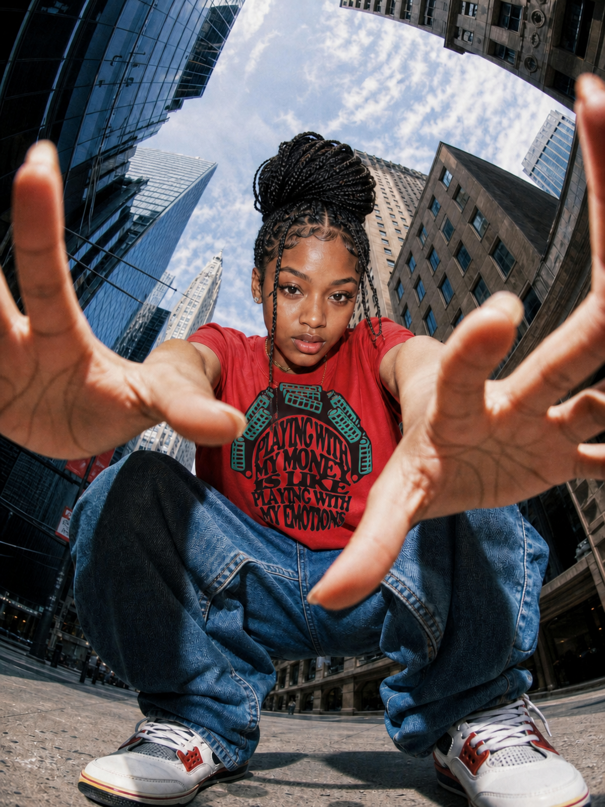 Black woman wearing a pink Playing With My Money graphic T-shirt in a porch lifestyle scene