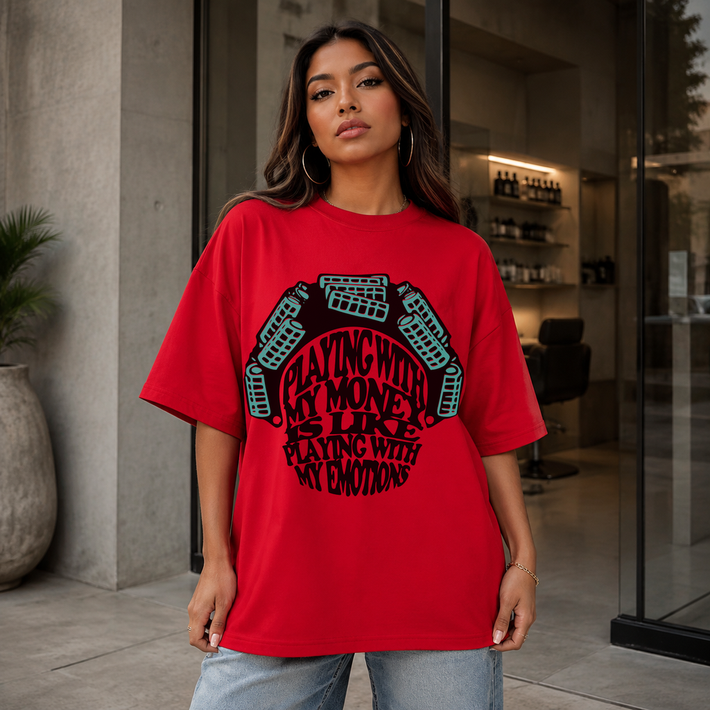 Red Playing With My Money heavyweight graphic T-shirt mockup
