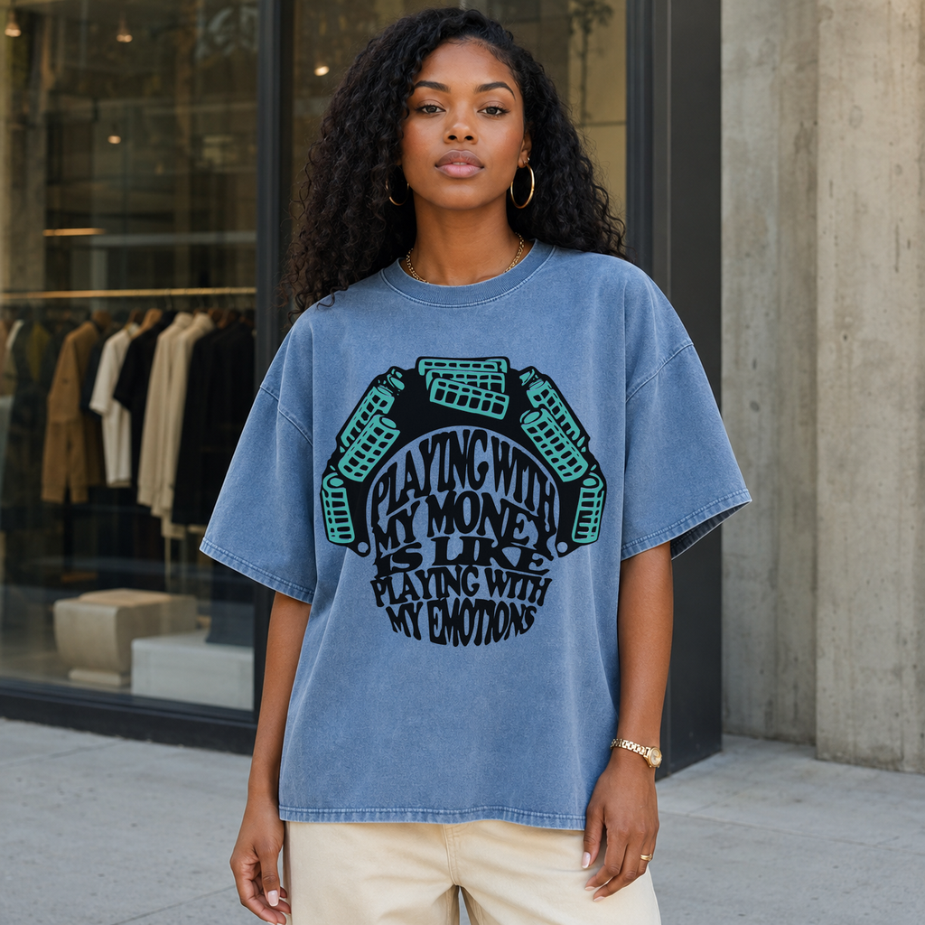 Stonewash Denim Playing With My Money heavyweight graphic T-shirt mockup