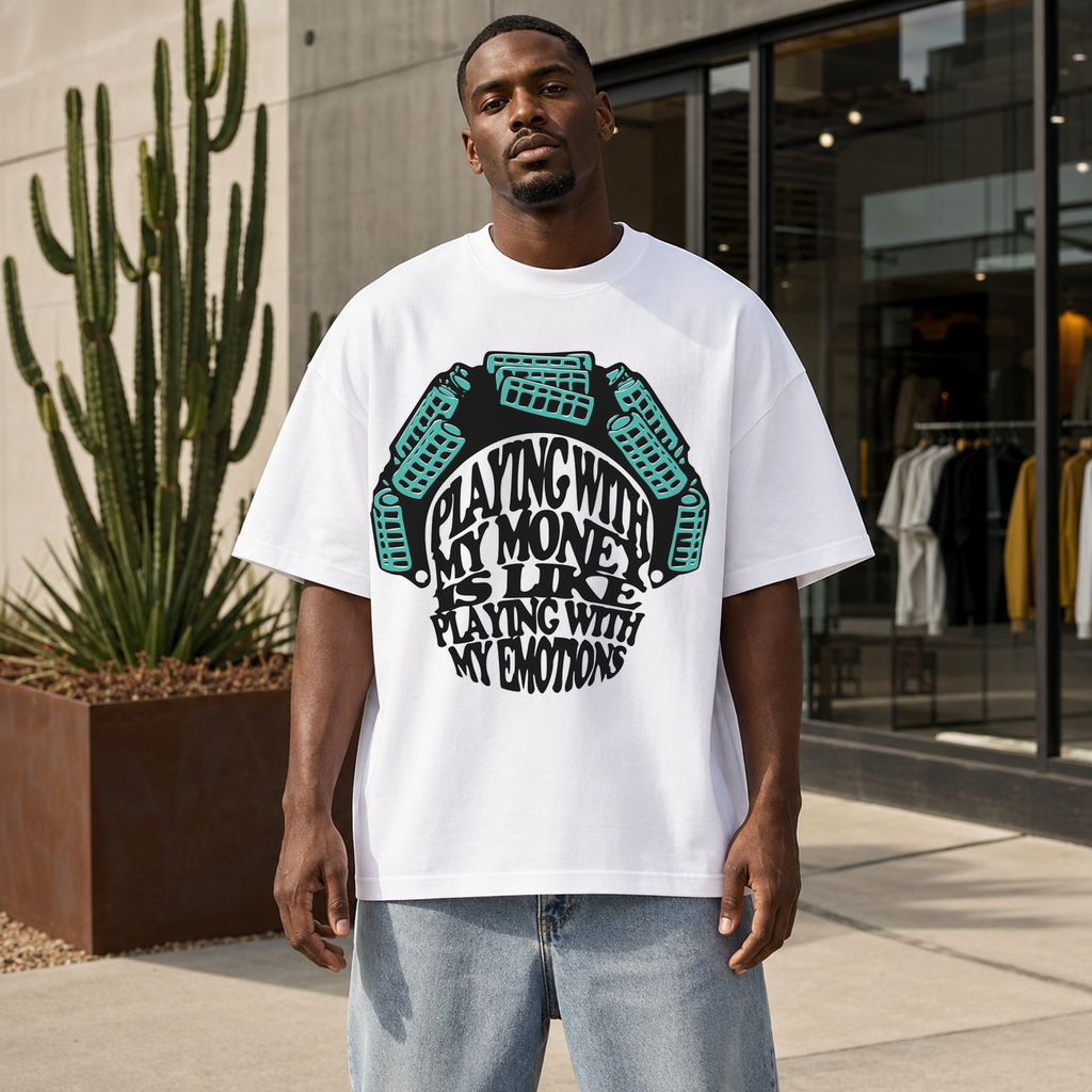 White Playing With My Money heavyweight graphic T-shirt mockup