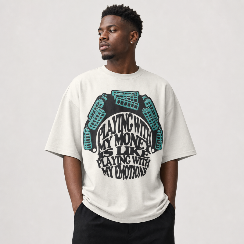 Black man modeling a white Playing With My Money heavyweight graphic T-shirt