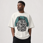 Black man modeling a white Playing With My Money heavyweight graphic T-shirt