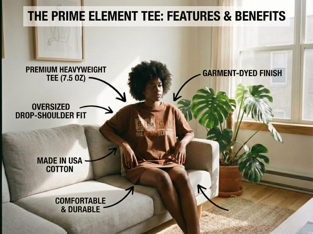 Person sitting on a couch wearing a brown t-shirt with text highlighting features and benefits, in a room with plants and a window.