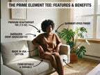 Person sitting on a couch wearing a brown t-shirt with text highlighting features and benefits, in a room with plants and a window.