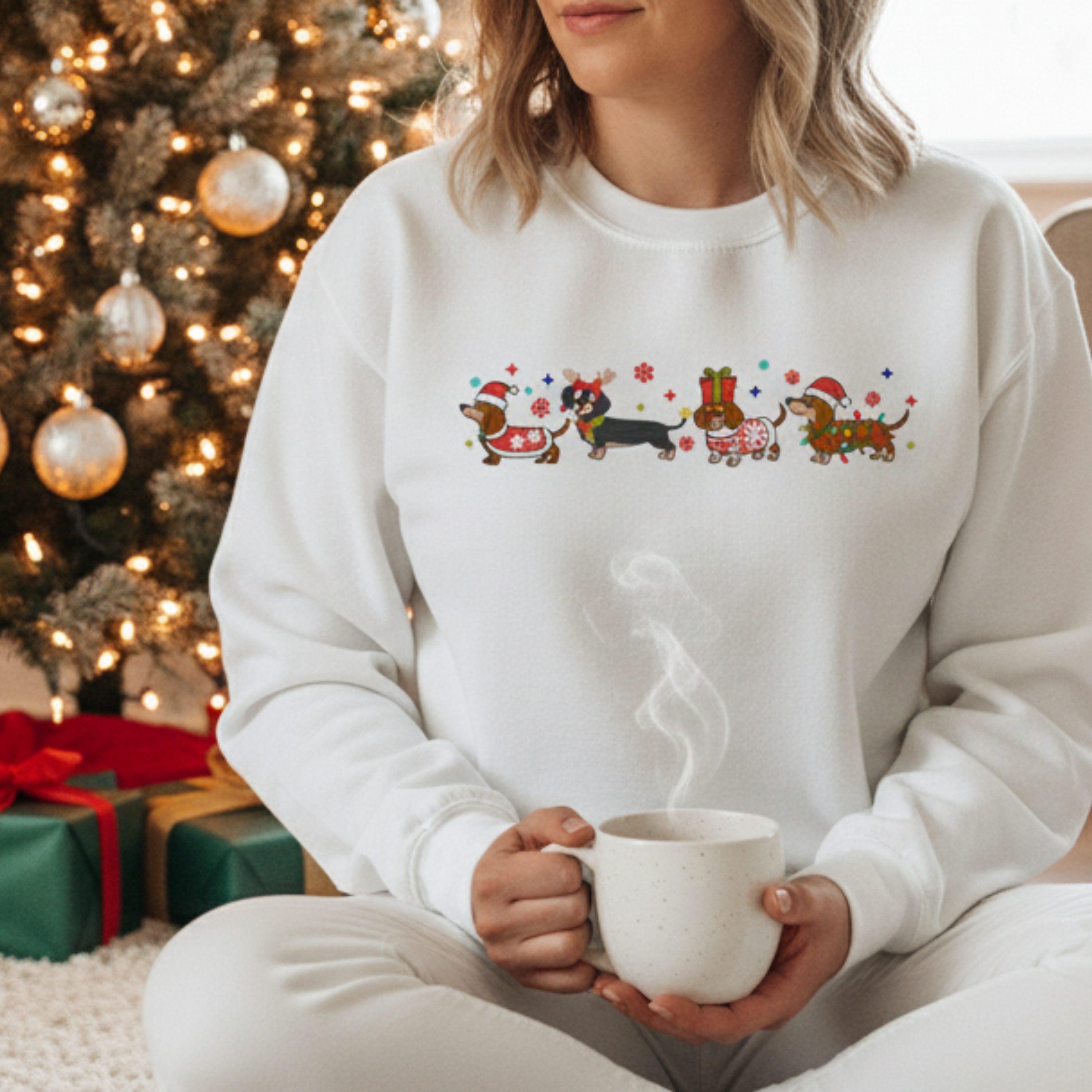Embroidered Dachshund Christmas Sweatshirt Bella+Canvas
